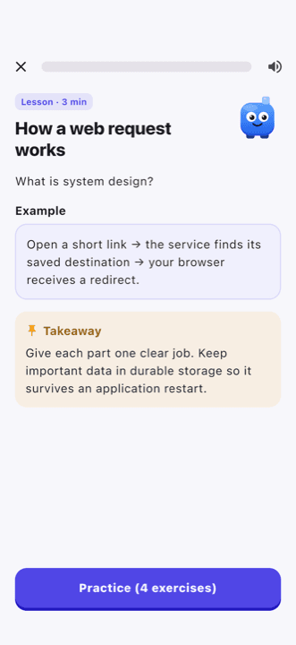 Stack Quest lesson card for 'How a web request works' with an example and a takeaway