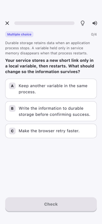 A multiple choice exercise about durable storage in Stack Quest