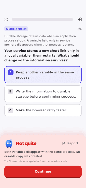 Stack Quest showing 'Not quite' with an explanation after a wrong answer