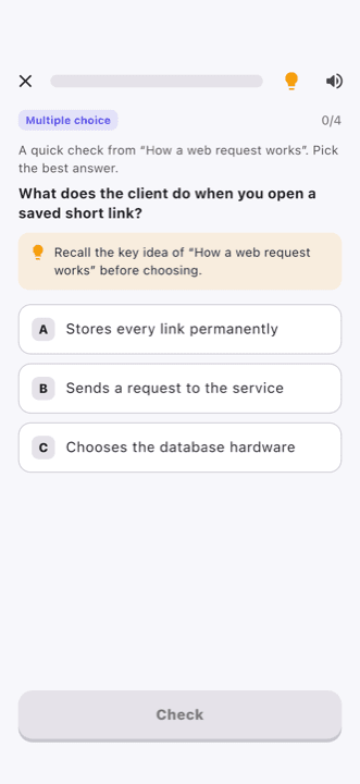 A Stack Quest exercise with a hint revealed above the answer choices