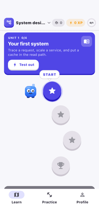 The Stack Quest learn path for the System design course, showing today's session and unit 1