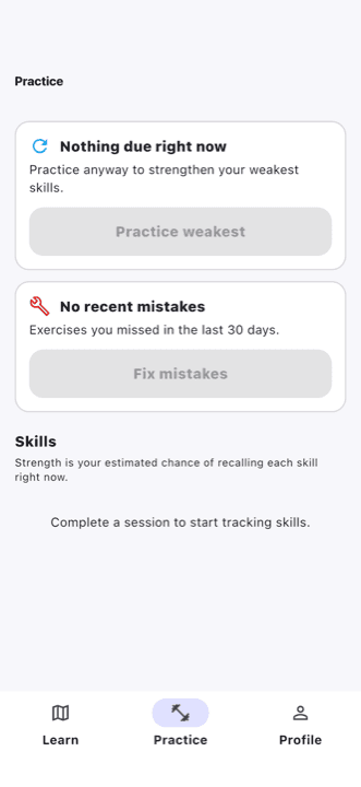 Stack Quest practice tab: nothing due right now, practice weakest skills, and fix mistakes