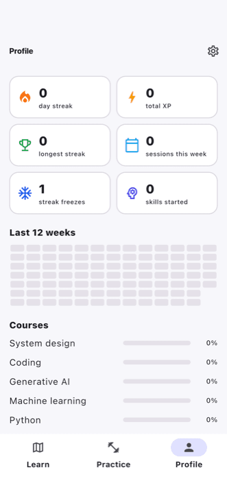 Stack Quest profile with streak, XP, a 12-week heatmap and per-course progress